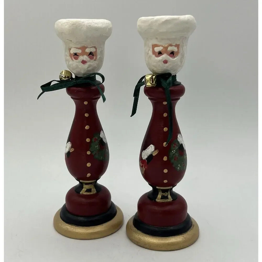 Set 2 Hand Painted Folk Art Wood Candlestick Santa Father Christmas Signed